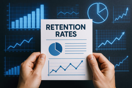 A report card highlighting retention rates with animated charts and graphs demonstrates business growth and performance analysis