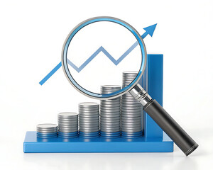 A magnifying glass over stacks of coins and a blue upward trend line on a white background scene
