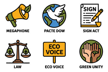 Obraz premium Eco-Friendly Icons: Advocacy, Peace, Global Pact, Law, Eco-Voice, Equality