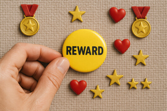 Recognition and achievement are symbolized through awards and badges reflecting motivation and success in a business setting