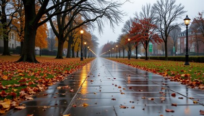a wet public park path glistens during light rain, covered in fallen autumn leaves