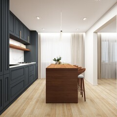 A modern kitchen with navy blue cabinetry, wood island, marble backsplash, and minimalist lighting. Bright and airy space enhanced by natural light through large windows