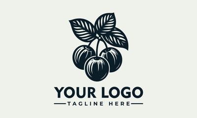 Graphic illustration of three cherries hanging from a stem with leaves, suitable for a logo design.