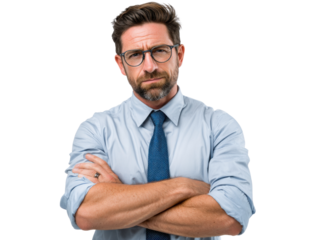 Serious Businessman Portrait: A man with a serious expression, arms crossed, wearing glasses and a light blue shirt with a dark blue tie.