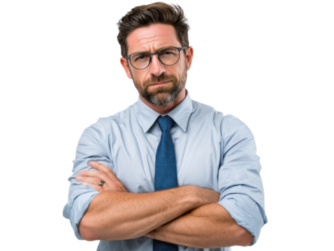 Serious Businessman Portrait: A man with a serious expression, arms crossed, wearing glasses and a light blue shirt with a dark blue tie.