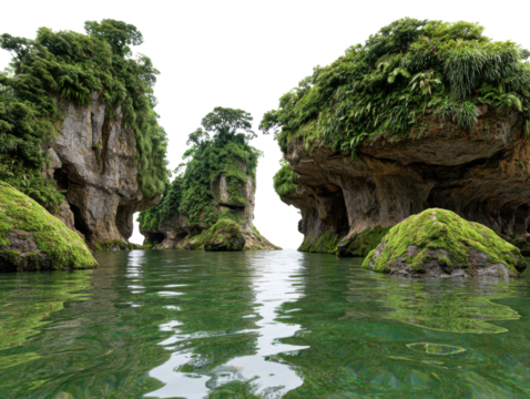 Emerald Isle Serenity: Towering, verdant rock formations rise majestically from tranquil waters, creating a serene and unspoiled landscape of natural beauty, inspiring a sense of awe and wonder.