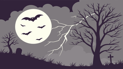 Spooky halloween night scene with bats flying in front of a full moon and lightning striking trees