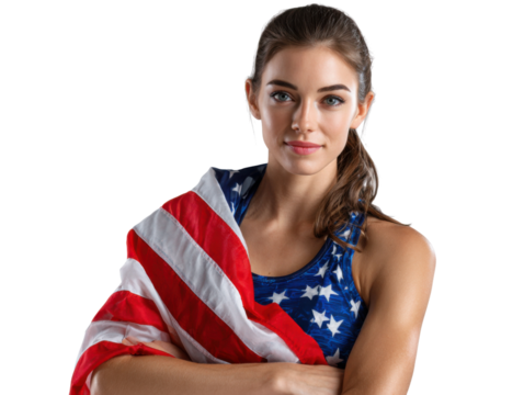 Patriotic Portrait: A confident woman, draped in the American flag, embodies strength, unity, and national pride. Capturing the essence of patriotism and determination.