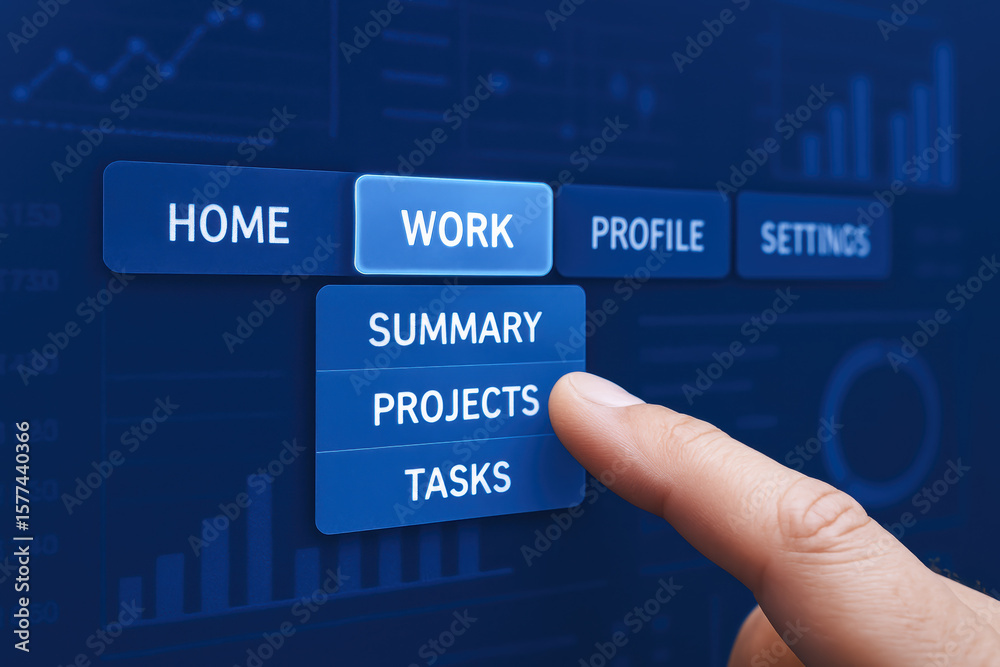 Poster a interacts with a digital interface where selecting work-related options reveals project and task m