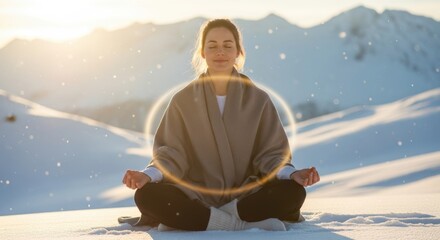 Serene young woman meditating in a peaceful snow covered mountain landscape during a golden sunrise feeling calm and connected to nature