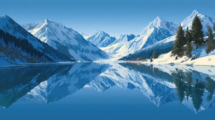 Fototapeta premium Snowy mountain range mirrored on a calm lake under a clear blue sky