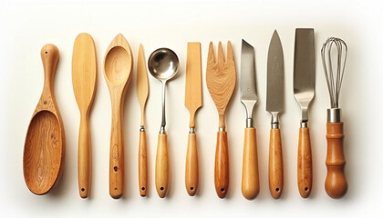 Essential wooden kitchen tools and culinary utensils displayed on a bright background