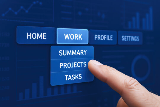 A interacts with a digital interface where selecting work-related options reveals project and task management features for efficient organization