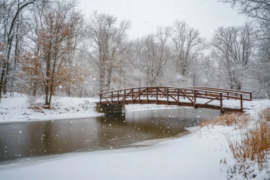 Wooden footbridge in snowy landscape near trees - Powered by Adobe