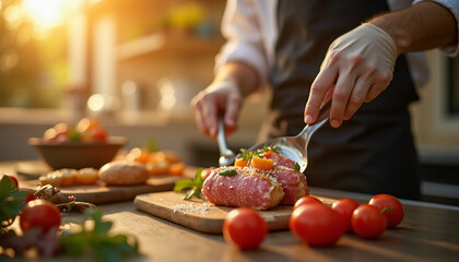 Expert hands prepare succulent meat dish on cutting board bathed in warm sunset light