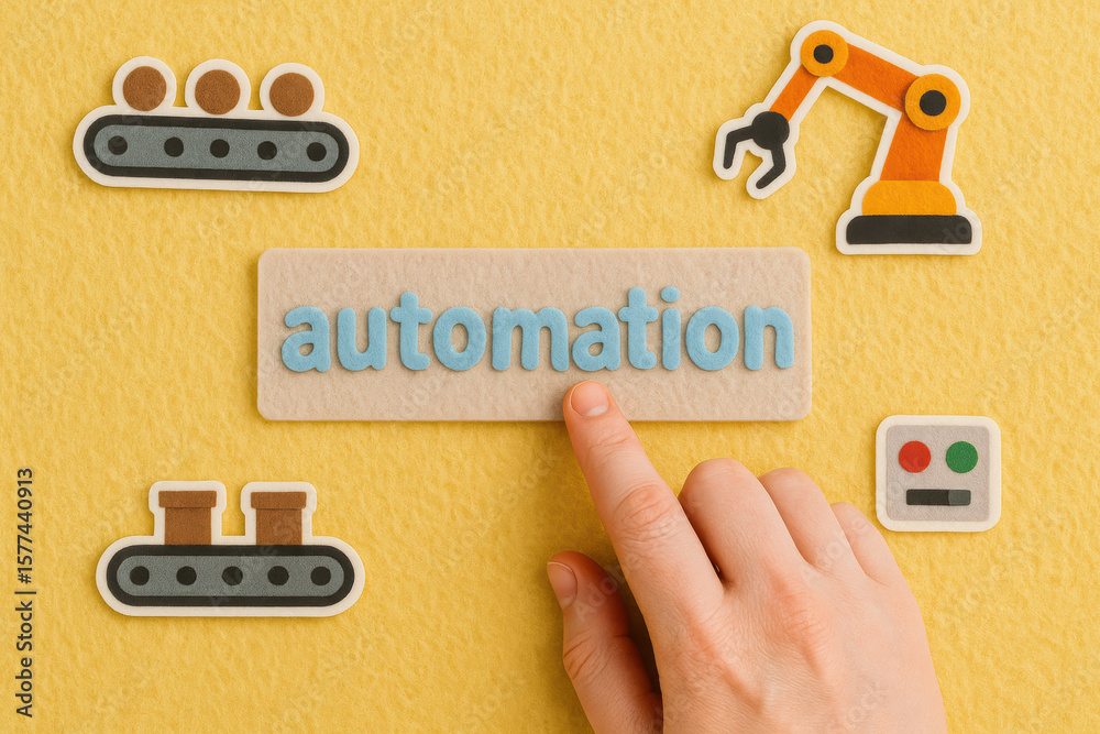 Poster a close-up a interacting with textured elements representing automated industry and mechanical workf