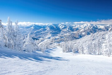 Mountain view with snow-laden trees in foreground