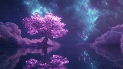 A luminous, glowing tree stands on a cloud-filled island reflected in a still, dark lake under a vibrant night sky, featuring nebula-like hues