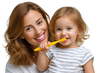 Mom and Child Smile and Brushing Teeth: A heartwarming image shows a mother and her toddler daughter smiling radiantly, both holding a yellow toothbrush, representing the joy of early dental care.