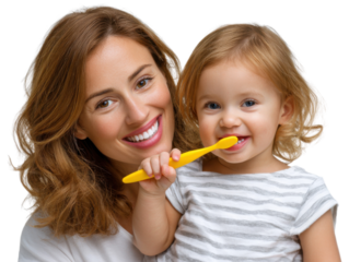 Mom and Child Smile and Brushing Teeth: A heartwarming image shows a mother and her toddler daughter smiling radiantly, both holding a yellow toothbrush, representing the joy of early dental care.