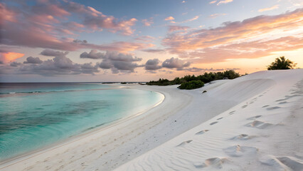 Soft beach scene with pastel sky and white dunes