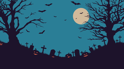 Halloween night scene with full moon bats trees tombstones and jack o lanterns in a spooky landscape