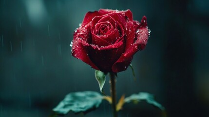A single, vibrant red rose, covered in raindrops, stands tall against a dark, misty backdrop of rain