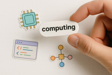 Naklejka premium A arranging icons and labels symbolizes the digital data and computing concepts in modern business