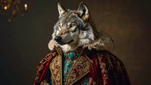 A majestic wolf dressed as a king in a detailed medieval costume surrounded by fantasy elements