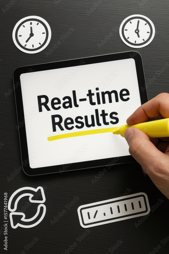 Poster a underlines real-time results on a tablet surrounded by icons symbolizing continuous monitoring and