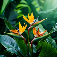 Obraz premium Close-up of vibrant yellow Bird of Paradise flowers with tropical leaves and a rich blue background, highlighting natural beauty
