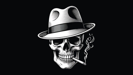 Detailed illustration of a skull wearing a fedora smoking a cigarette black and white engraving