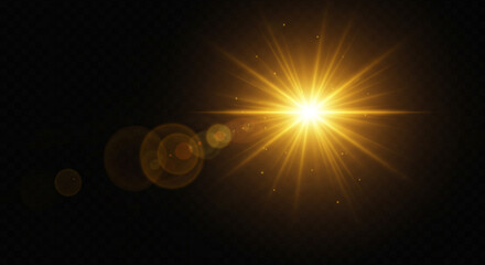 Vibrant golden light burst with lens flares on dark background creating a radiant glow