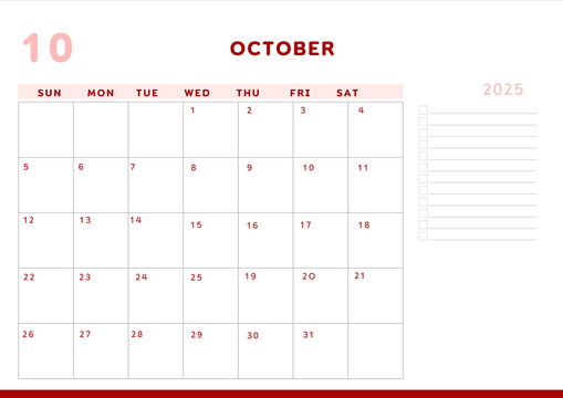 Calendar 2025 Planner A4 Document - October 2025	