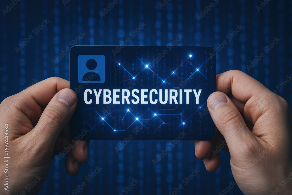Poster digital security concepts are highlighted as hands hold an identification card featuring network con