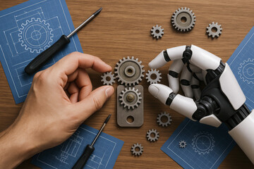 Collaboration between human and robotic hands assembling gears over technical blueprints symbolizes innovation and precise engineering in modern business