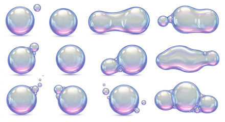 Translucent Glossy Bubbles Assortment with Pink and Blue Reflections Isolated