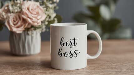 Best boss coffee mug on wooden table with flowers in soft focus background