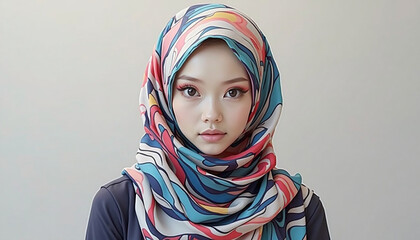 Close-up portrait of a young woman in a vibrantly patterned hijab against plain background