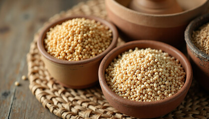 Obraz premium Several earthenware bowls filled with white mustard seeds on a woven mat display culinary ingredient.