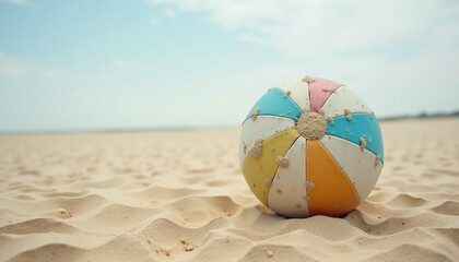 Obraz premium A colorful beach ball on a sandy shore under a serene summer sky for relaxation