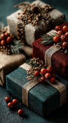 Beautifully wrapped holiday gifts arranged with festive decorations on a rustic wooden surface during the winter season