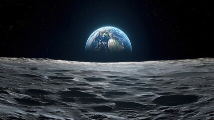 Earthrise view, moonscape foreground with craters against starry cosmic backdrop