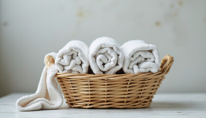 Soft rolled white bath towels resting in a natural wicker basket promoting clean home hygiene