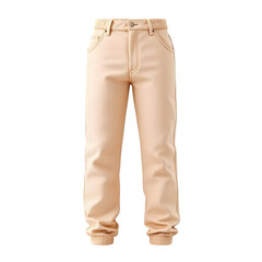 A pair of stylish beige trousers with a modern design, featuring a comfortable waistband and cuffed legs, isolated on a clean transparent background