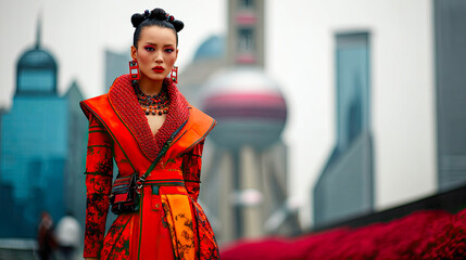 Obraz premium Futuristische asiatische High-Fashion-Porträts mit Sci-Fi-Elementen, opulenten Stoffen und architektonischem Shanghai-Hintergrund. Ideal für Mode, Editorials und Designtrends.