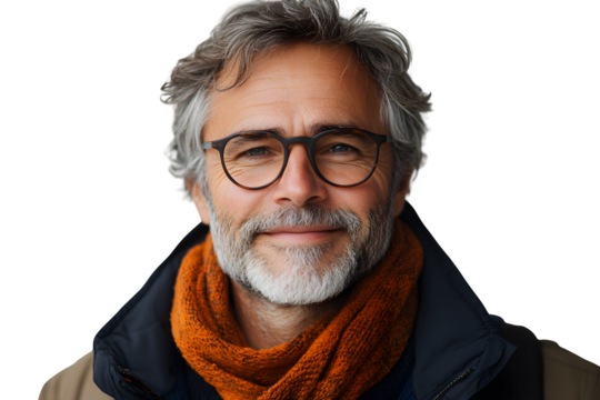 Close up portrait of middle-aged man with glasses smiling against white background