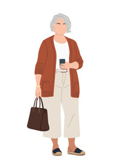 Flat vector illustration of a senior curvy woman in casual clothes, holding a smartphone and handbag, standing full length, isolated on transparent background.
