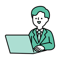 ノートパソコンを操作して仕事をしているスーツのビジネスパーソン男性のイラスト素材