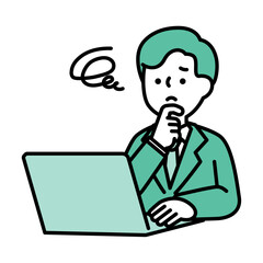 パソコンを操作しながら悩んでいるビジネスパーソン男性のイラスト素材